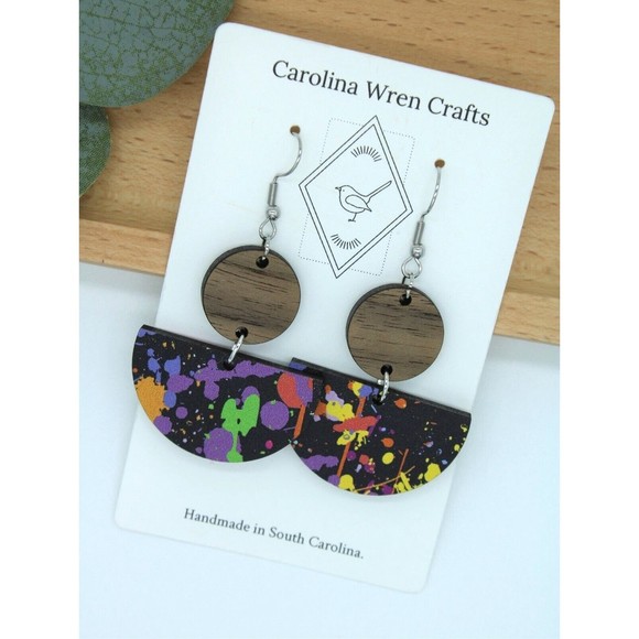Wood Half Circle Splatter Paint Retro 80s Earrings - Picture 1 of 3